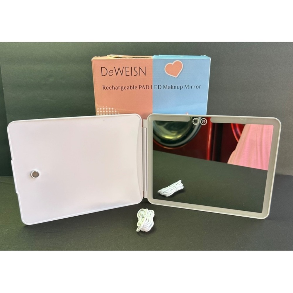 DeWeisn LED Travel Makeup Mirror USB Rechargeable Folding White Dimmable Boxed‎